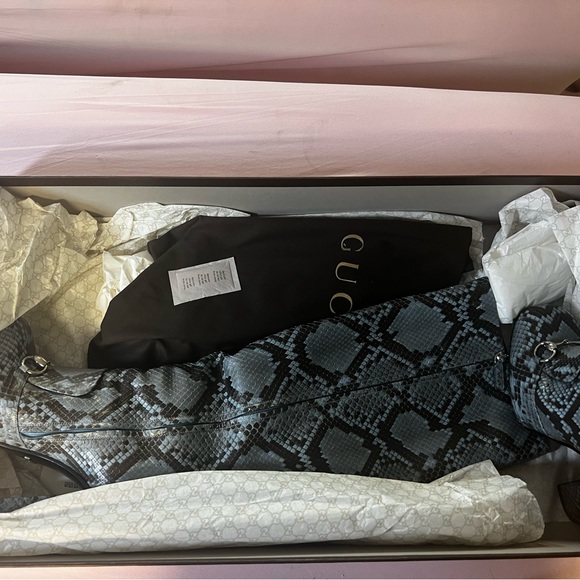 GUCCI PYTHON HORSEBIT KNEE HIGH BOOTS BLUE BROWN 38 - Picture 8 of 13